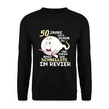Lustiges 50 Jäger Geburstag Geschenk - Unisex Pullover - Schwarz - Vorne - Alina (178cm) & Michal (187cm)