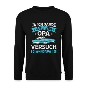 Sportboot Opa Kapitän Boot - Unisex Pullover - Schwarz - Vorne - Alina (178cm) & Michal (187cm)