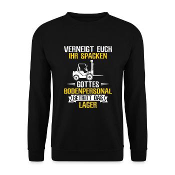 Staplerfahrer Lagerist Gabelstaplerfahrer - Unisex Pullover - Schwarz - Vorne - Alina (178cm) & Michal (187cm)