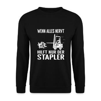 Staplerfahrer Lagerist Gabelstaplerfahrer - Unisex Pullover - Schwarz - Vorne - Alina (178cm) & Michal (187cm)