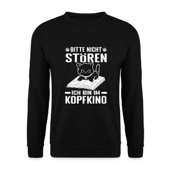 Book Nerd Bücherwurm Leseratte Katze - Unisex Pullover - Schwarz - Vorne - Alina (178cm) & Michal (187cm)