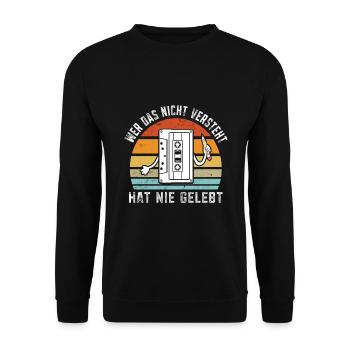 Retro Kassetten Tape mit Bleistift - Unisex Pullover - Schwarz - Vorne - Alina (178cm) & Michal (187cm)