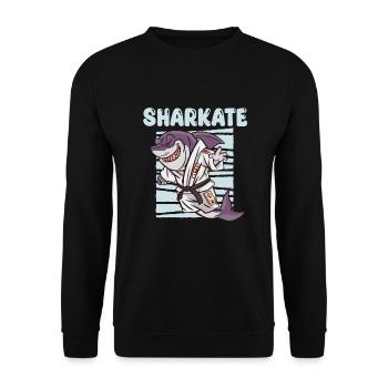 Sharkate Lustiger Karate-haifisch - Unisex Pullover - Schwarz - Vorne - Alina (178cm) & Michal (187cm)