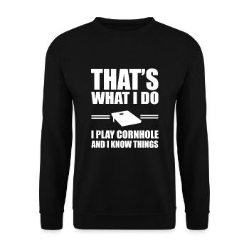 Cornhole Spieler Geschenk - Unisex Pullover - Schwarz - Vorne - Alina (178cm) & Michal (187cm)
