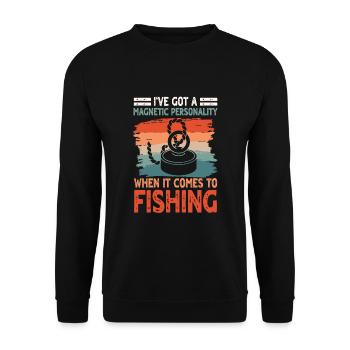 Lustiger Magnet Fischen Spruch - Unisex Pullover - Schwarz - Vorne - Alina (178cm) & Michal (187cm)