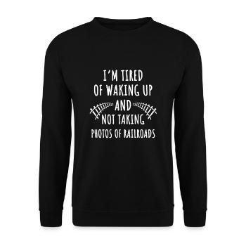 Lustiger Eisenbahnfotograf Spruch - Unisex Pullover - Schwarz - Vorne - Alina (178cm) & Michal (187cm)