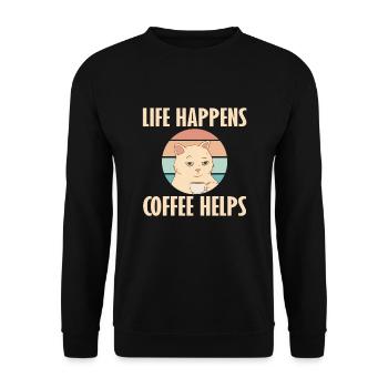 Das Leben Passiert, Kaffee Hilft Der - Unisex Pullover - Schwarz - Vorne - Alina (178cm) & Michal (187cm)