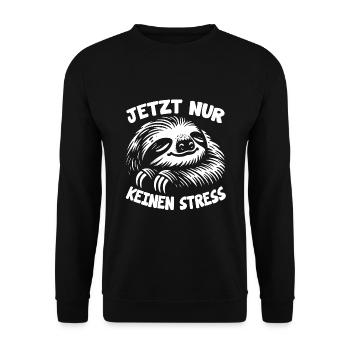 Faultier jetzt nur keinen Stress lustiger Spruch - Unisex Pullover - Schwarz - Vorne - Alina (178cm) & Michal (187cm)