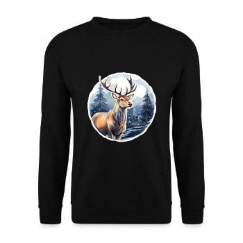 Schneebedeckte Winterlandschaft mit Hirsch - Unisex Pullover - Schwarz - Vorne - Alina (178cm) & Michal (187cm)