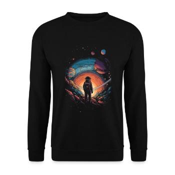 Wandern im Universum - Surrealistisches Artwork - Unisex Pullover - Schwarz - Vorne - Alina (178cm) & Michal (187cm)