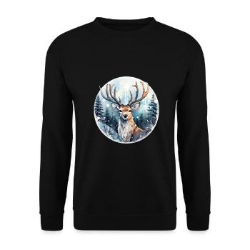 Hirsch im schneebedeckten Wald - Unisex Pullover - Schwarz - Vorne - Alina (178cm) & Michal (187cm)