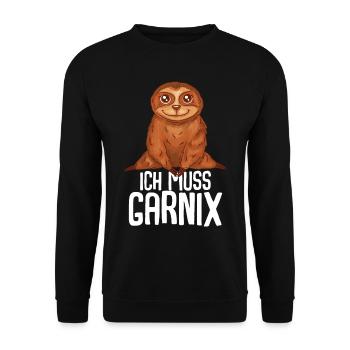 ich muss garnix Faultier - Unisex Pullover - Schwarz - Vorne - Alina (178cm) & Michal (187cm)
