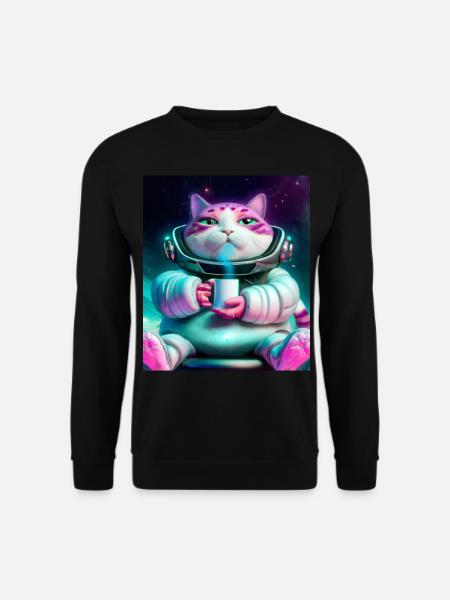 Dicke Katze trinkt Tee im Weltall - Unisex Pullover - Schwarz