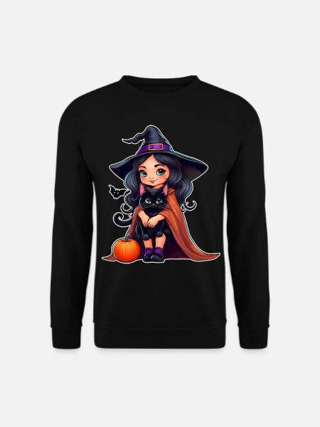 Niedliche Hexe mit schwarzer Katze und Kürbis - Unisex Pullover - Schwarz