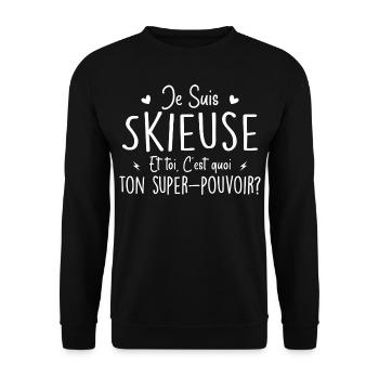 Je suis Skieuse. C'est quoi ton super pouvoir ? - Sweat-shirt Unisexe - noir - Devant - Alina (178cm) & Michal (187cm)