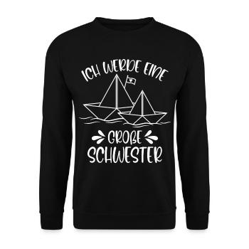 Ich werde eine große Schwester Papierschiff Schiff - Unisex Pullover - Schwarz - Vorne - Alina (178cm) & Michal (187cm)