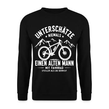 Alter Mann auf Fahrrad: Steiler als du denkst - Unisex Pullover - Schwarz - Vorne - Alina (178cm) & Michal (187cm)