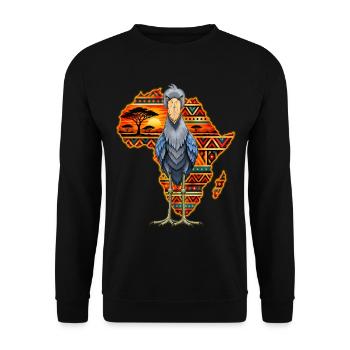 Schuhschnabel gegen einen farbenfrohen afrikanischen Kontinent - Unisex Pullover - Schwarz - Vorne - Alina (178cm) & Michal (187cm)