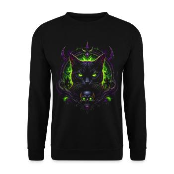 Astrale Mystische Katze und Neonschädel – Halloween - Unisex Pullover - Schwarz - Vorne - Alina (178cm) & Michal (187cm)