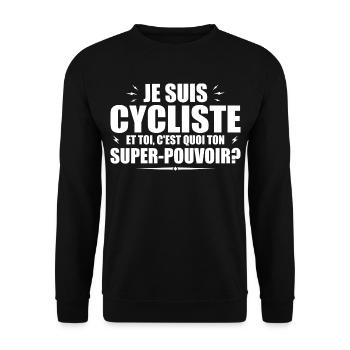 Ich bin Radfahrer. Was ist deine Superkraft? - Unisex Pullover - Schwarz - Vorne - Alina (178cm) & Michal (187cm)