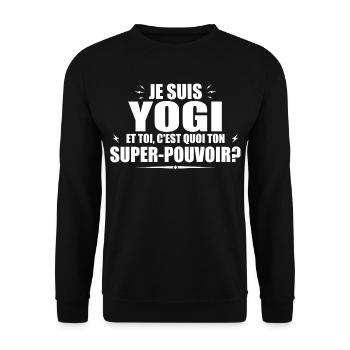 Ich bin ein Yogi. Was ist deine Superkraft? - Unisex Pullover - Schwarz - Vorne - Alina (178cm) & Michal (187cm)