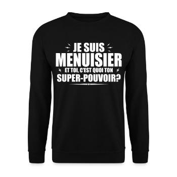 Ich bin Schreiner. Was ist deine Superkraft? - Unisex Pullover - Schwarz - Vorne - Alina (178cm) & Michal (187cm)
