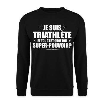 Ich bin Triathletin. Was ist deine Superkraft? - Unisex Pullover - Schwarz - Vorne - Alina (178cm) & Michal (187cm)