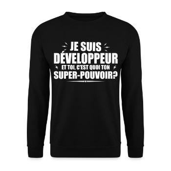 Ich bin Entwickler. Was ist deine Superkraft? - Unisex Pullover - Schwarz - Vorne - Alina (178cm) & Michal (187cm)