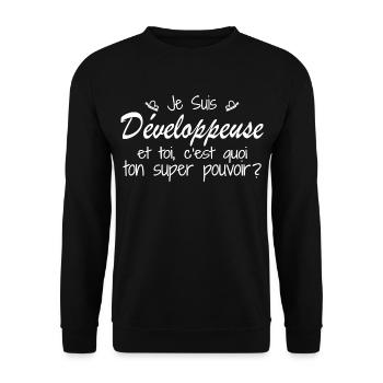 Ich bin Entwickler. Was ist deine Superkraft? - Unisex Pullover - Schwarz - Vorne - Alina (178cm) & Michal (187cm)