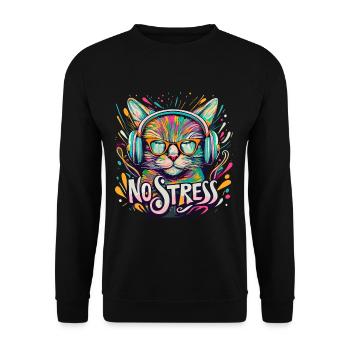 Cat with headphones Funny saying NO STRESS - Unisex Sweatshirt - black - Front - Alina (178cm) & Michal (187cm)
