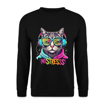 Cat with headphones Funny saying NO STRESS - Unisex Sweatshirt - black - Front - Alina (178cm) & Michal (187cm)