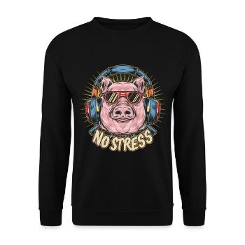 Cochon avec des écouteurs Drôle de dicton PAS DE STRESS - Sweat-shirt Unisexe - noir - Devant - Alina (178cm) & Michal (187cm)