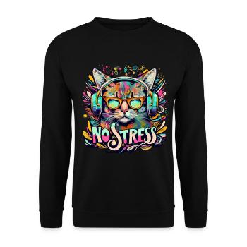 Cat with headphones Funny saying NO STRESS - Unisex Sweatshirt - black - Front - Alina (178cm) & Michal (187cm)