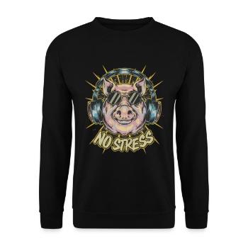 Cochon avec des écouteurs Drôle de dicton PAS DE STRESS - Sweat-shirt Unisexe - noir - Devant - Alina (178cm) & Michal (187cm)