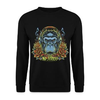 Gorilla with headphones Funny saying NO STRESS - Unisex Sweatshirt - black - Front - Alina (178cm) & Michal (187cm)