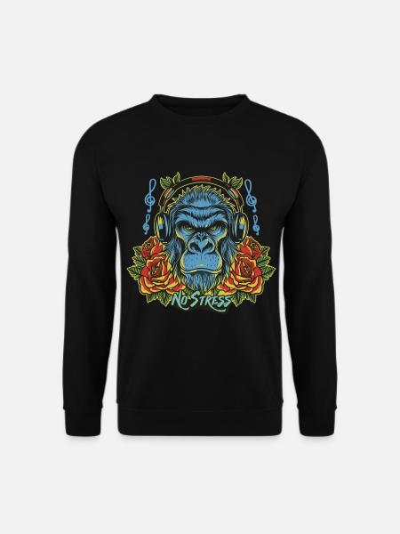 Gorilla mit Kopfhörer Lustiger Spruch NO STRESS - Unisex Pullover - Schwarz