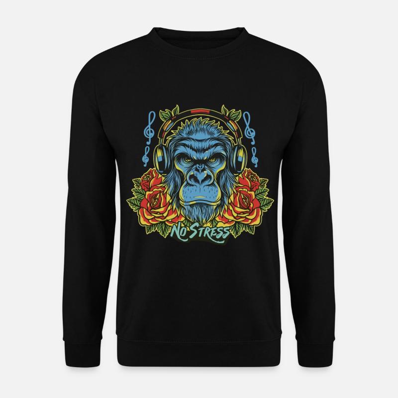 Gorilla mit Kopfhörer Lustiger Spruch NO STRESS - Unisex Pullover - Schwarz