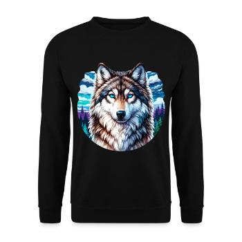 Bunter Wolf in Berg- und Waldlandschaft - Unisex Pullover - Schwarz - Vorne - Alina (178cm) & Michal (187cm)