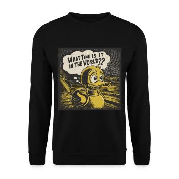 Nachdenkliche Gelbe Plastikente Ente Statement - Unisex Pullover - Schwarz - Vorne - Alina (178cm) & Michal (187cm)