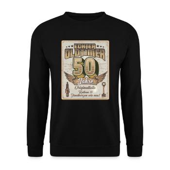 50. Geburtstag lustiger Spruch zum Jubiläum - Unisex Pullover - Schwarz - Vorne - Alina (178cm) & Michal (187cm)