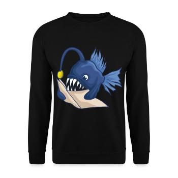 Tiefsee Anglerfisch Mit Buch - Unisex Pullover - Schwarz - Vorne - Alina (178cm) & Michal (187cm)