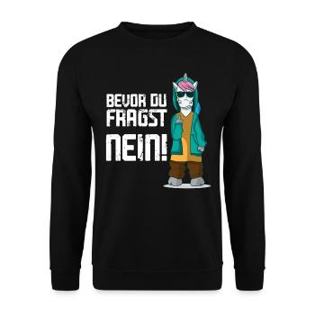 Einhorn Mittelfinger Bevor du fragst NEIN! - Unisex Pullover - Schwarz - Vorne - Alina (178cm) & Michal (187cm)