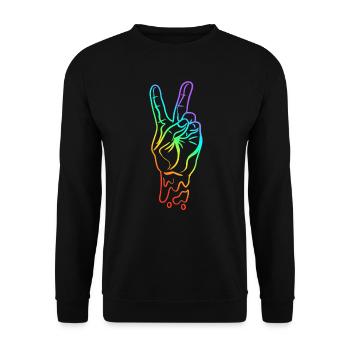 Frieden Peace Handzeichen Regenbogen Farben - Unisex Pullover - Schwarz - Vorne - Alina (178cm) & Michal (187cm)