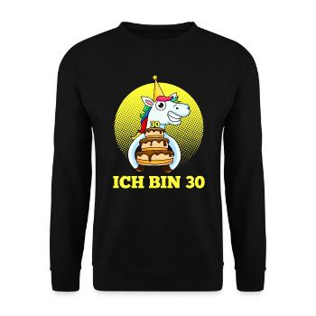 30. Geburtstag Einhorn Kuchen Geschenk - Unisex Pullover - Schwarz - Vorne - Alina (178cm) & Michal (187cm)