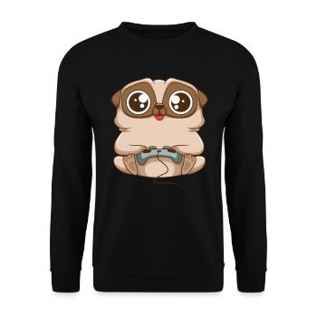 Süßer Gaming Mops Hund mit Gaming Controller - Unisex Pullover - Schwarz - Vorne - Alina (178cm) & Michal (187cm)
