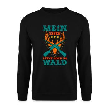 Jäger Jagd Spruch Mein Essen im Wald Rotwild - Unisex Pullover - Schwarz - Vorne - Alina (178cm) & Michal (187cm)