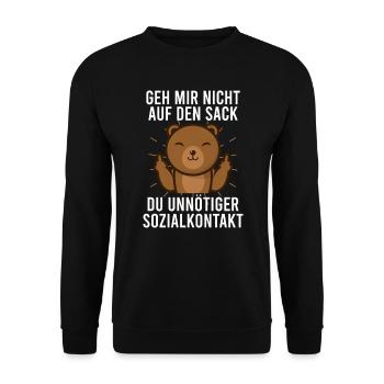 Unnötiger Sozialkontakt Mittelfinger Bär Spruch - Unisex Pullover - Schwarz - Vorne - Alina (178cm) & Michal (187cm)