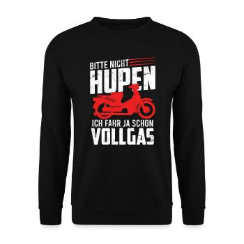 Bitte nicht hupen fahr schon Vollgas Moped Spruch - Unisex Pullover - Schwarz - Vorne - Alina (178cm) & Michal (187cm)