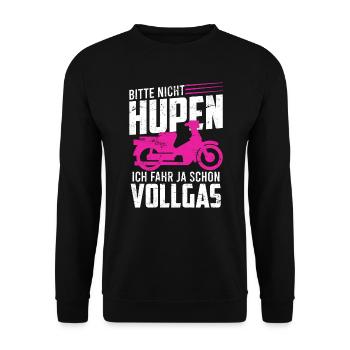 Mofa Moped Spruch bitte nicht hupen fahre Vollgas - Unisex Pullover - Schwarz - Vorne - Alina (178cm) & Michal (187cm)