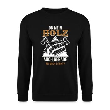 Holzfäller Spruch ob mein Holz auch mich denkt - Unisex Pullover - Schwarz - Vorne - Alina (178cm) & Michal (187cm)